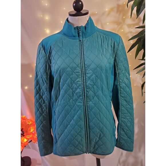 T by Talbots Diamond Quilted Teal Blue Zip Up Lightweight Jacket Womens Size L - Picture 1 of 12
